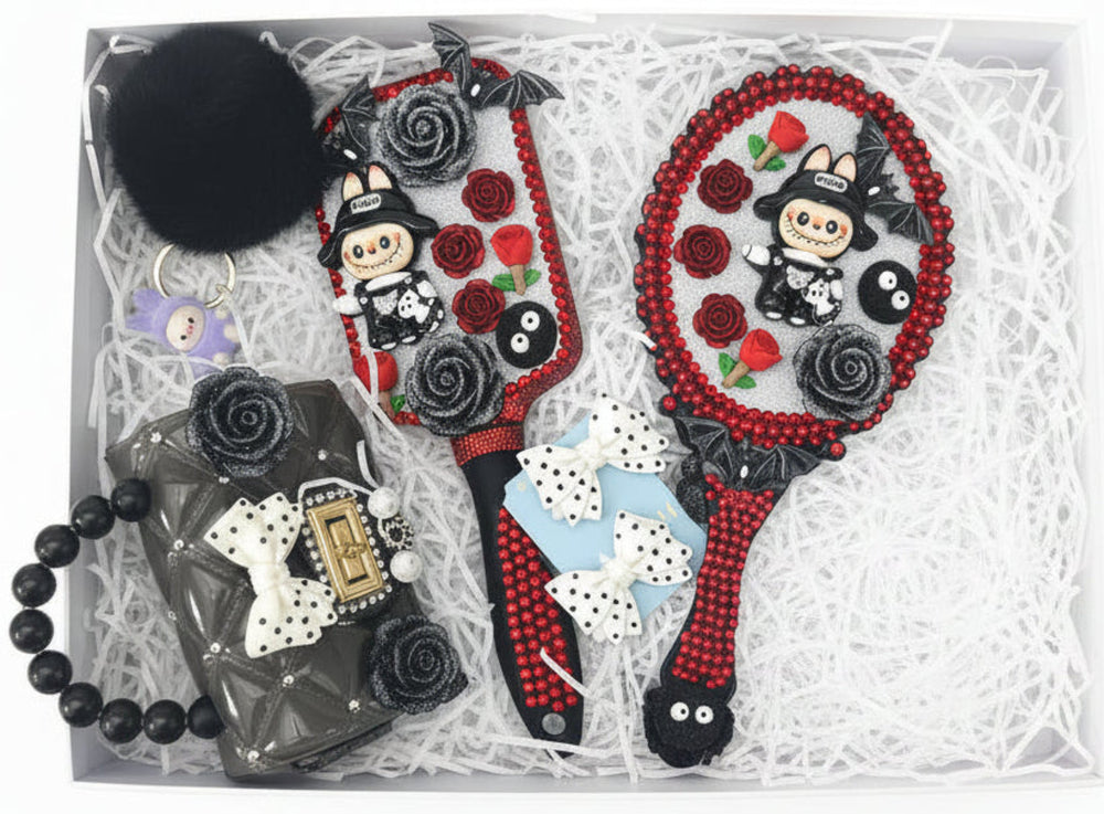 gothic gift box with decorated mirrors, red crystals, small purse and hair bows