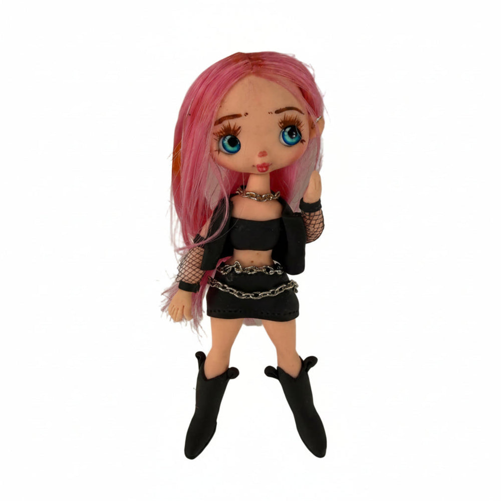gothic lolita flex porcelain doll charm with synthetic bright pink hair and black outfit flat back view