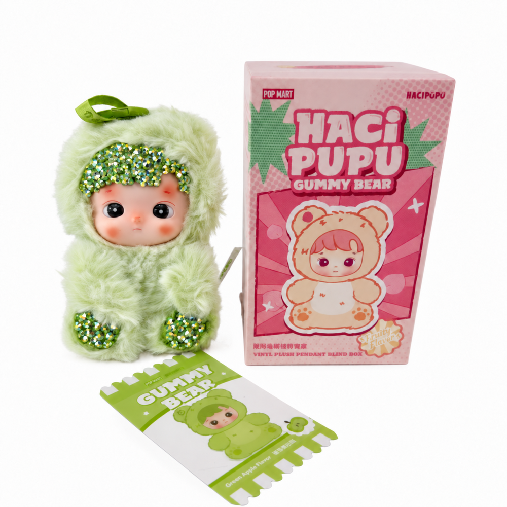 green hacipupu gummy bear plush pendant with faceted crystals, pastel fur and green hanging loop