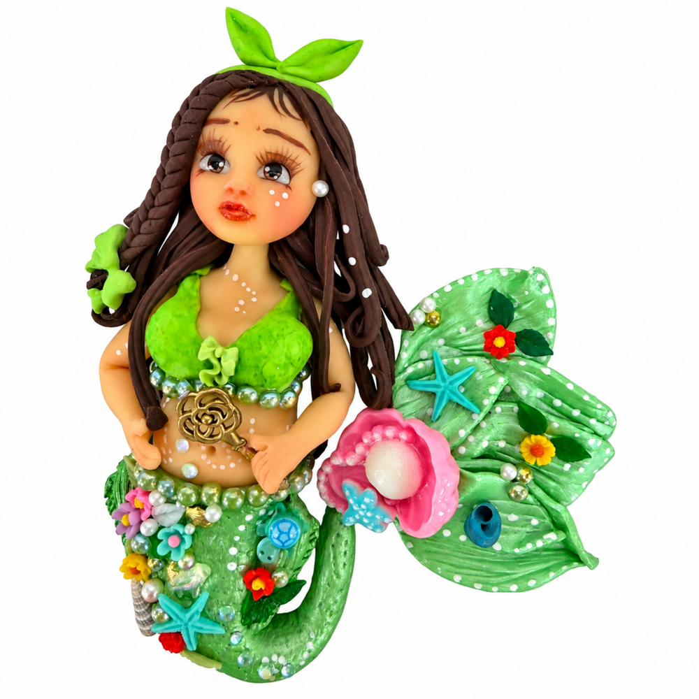 green mermaid doll with flowers, pearls and colorful under-the-sea embellishments