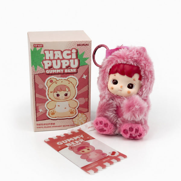 Kawaii Haci Pupu Gummy Bear Cherry Flavor vinyl plush pendant with soft pink faux fur, cherry-red hair, box, and flavor card.