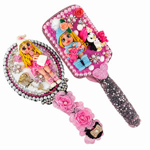 Kawaii Vanity Gift Set for Girls with Handmade Cold Porcelain Dolls, Decorative Mirror & Hair Brush