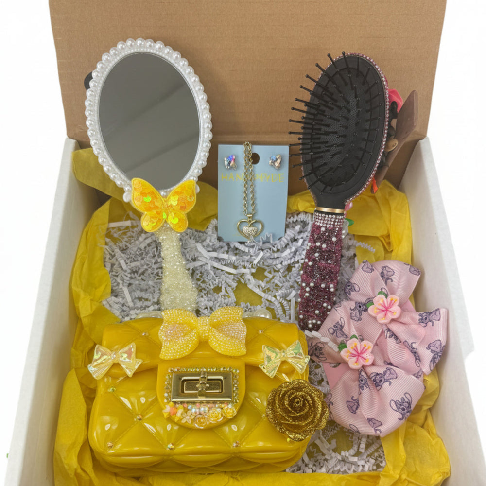 hand mirror and hairbrush decorated with flexible porcelain dolls inside a gift set