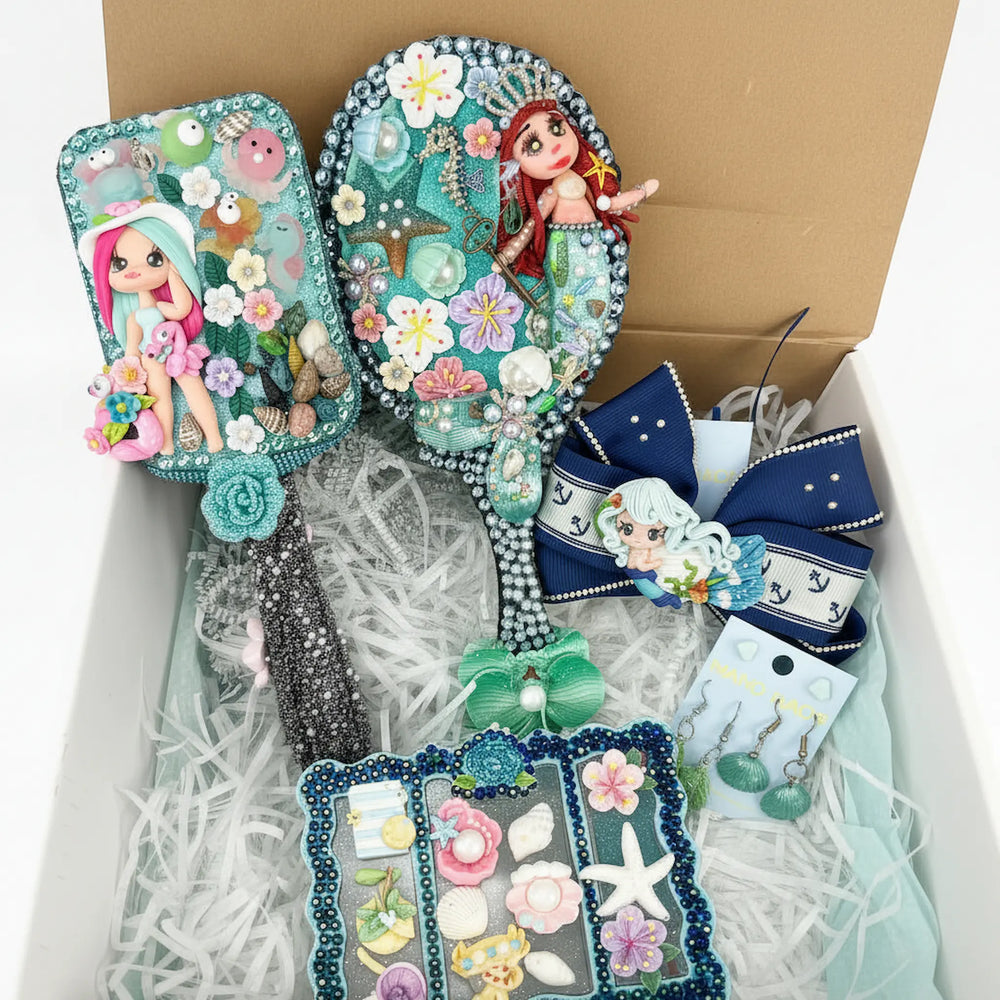 handmade beach mermaid vanity gift set with crystal-decorated hair brush, mirror and jewelry box