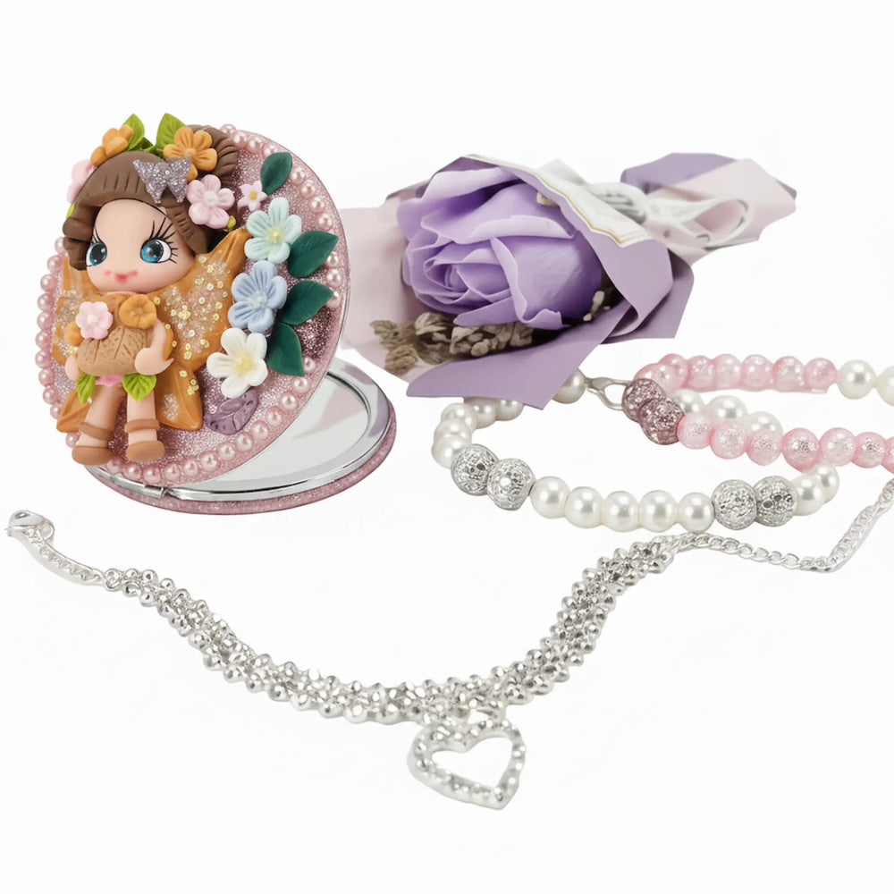 handmade beaded bracelets with pompoms, silver anklet brecelet and compact mirror  set