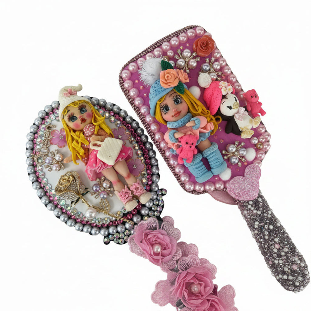 handmade cold porcelain doll mirror and hair brush set with floral details, pearls and kawaii charms