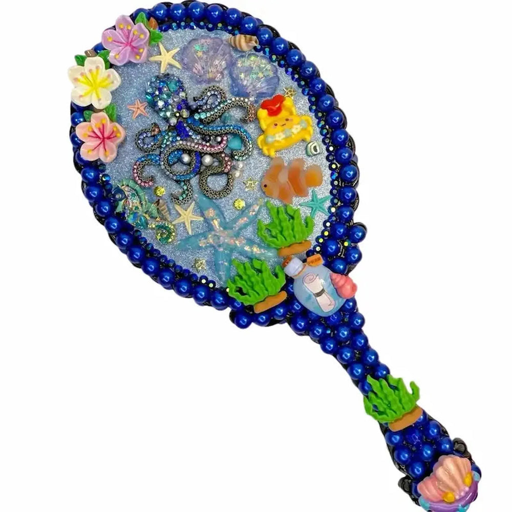 handmade decoden handheld mirror with royal blue ocean theme and pearl details