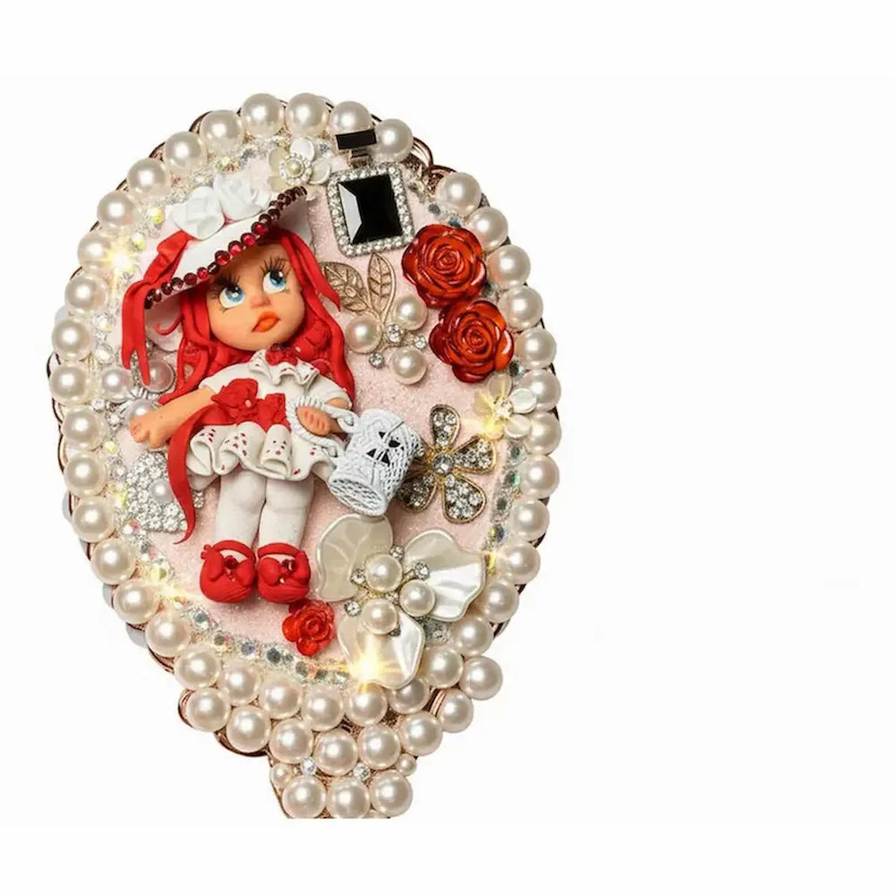 handmade decoden mirror with pearl decorations and cold porcelain doll