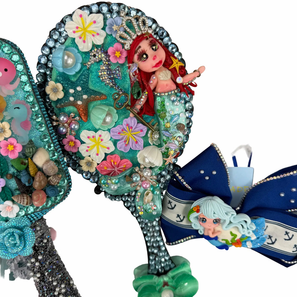 handmade decoden mirror with sparkling crystals and ocean theme, mermaid vanity gift set
