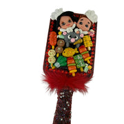 handmade decorated black hair brush featuring a red glitter background and ratatouille themed clay figures