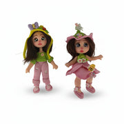 handmade flexible cold porcelain doll charms set with yellow beanie and pink petal dress for diy crafts
