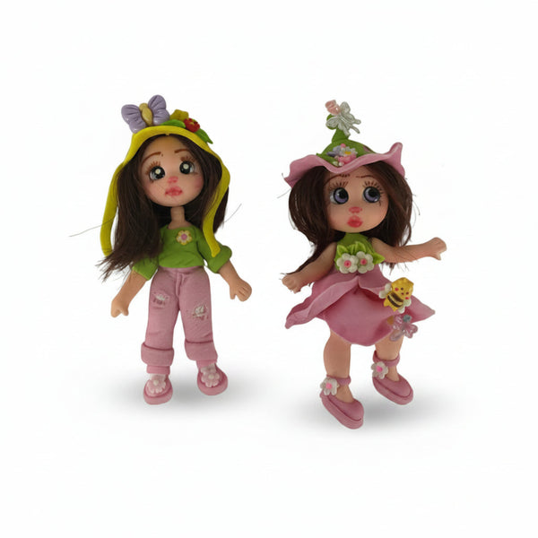 handmade flexible cold porcelain doll charms set with yellow beanie and pink petal dress for diy crafts