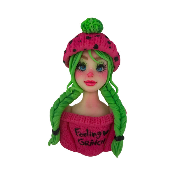 handmade flexible cold porcelain doll torso flatback with vibrant green braids and pink polka dot sweater for diy crafts