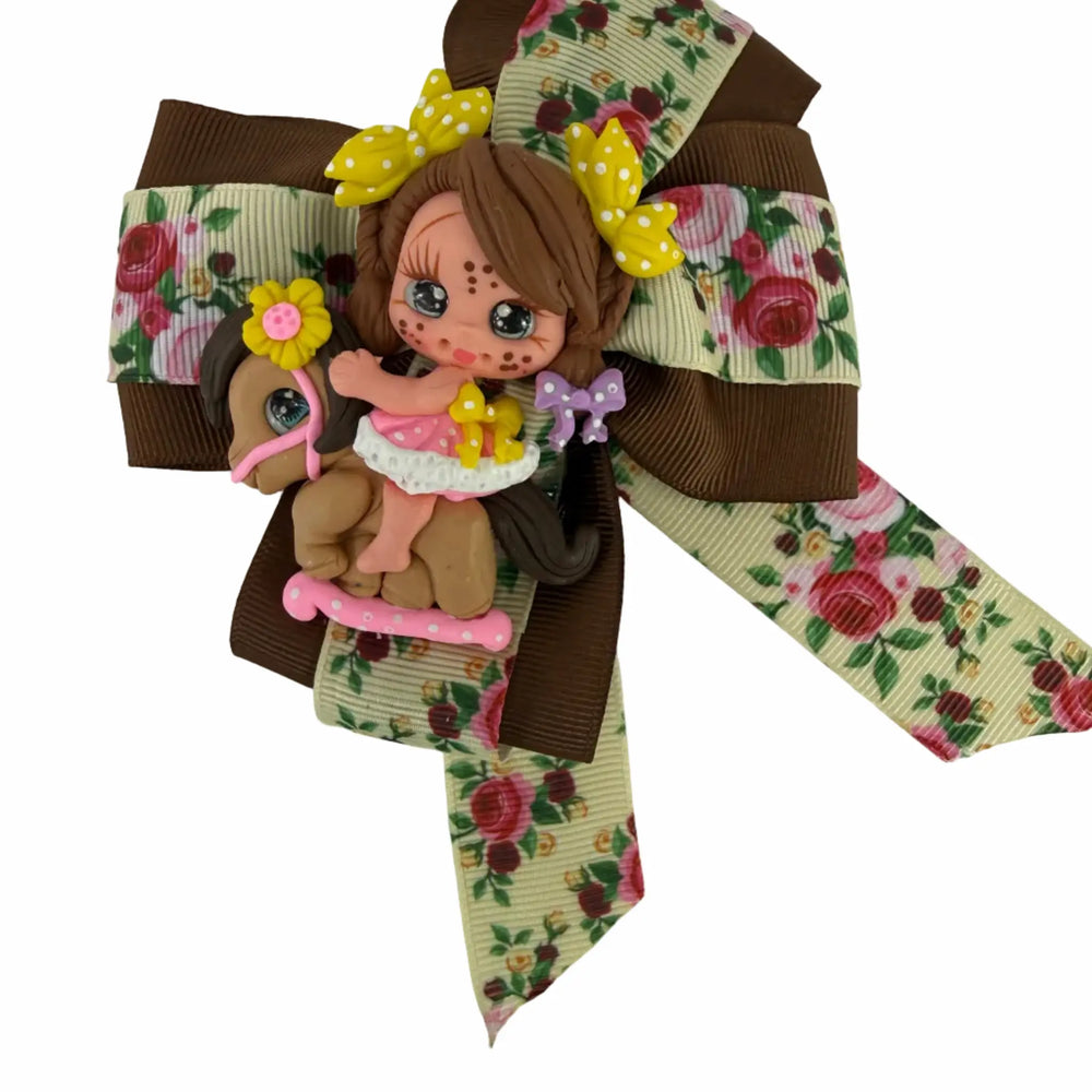 handmade hair bow with clay figure for girls, kawaii style accessory  
