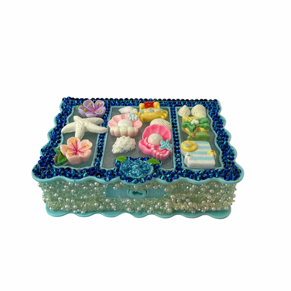 handmade jewelry box covered in crystals with mermaid theme, beach inspired gift for women