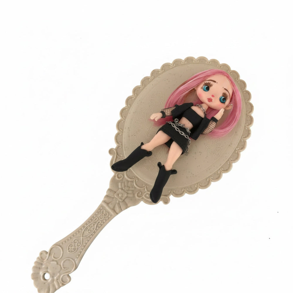 handmade kawaii gothic doll charm with black skirt cropped blouse and tall black boots front view