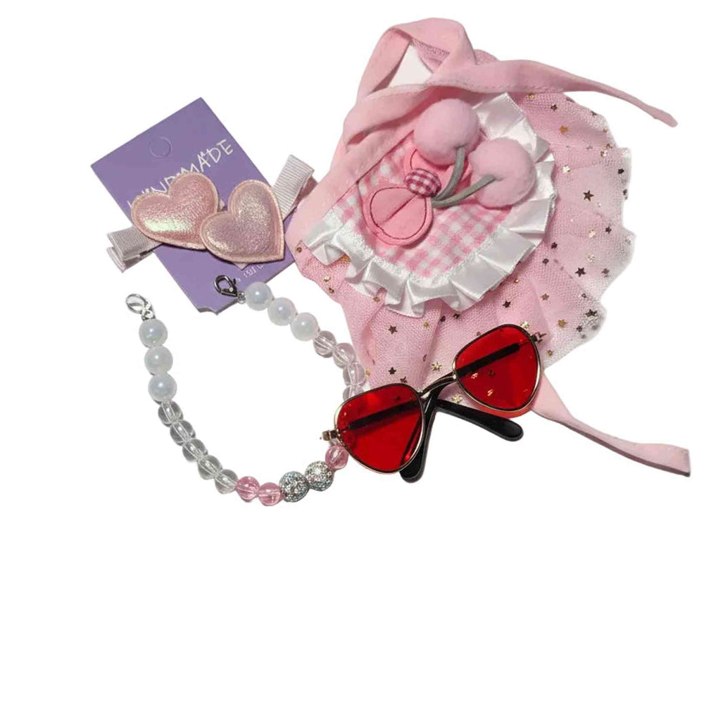 handmade pink dog outfit with tutu and heart sunglasses for small dogs