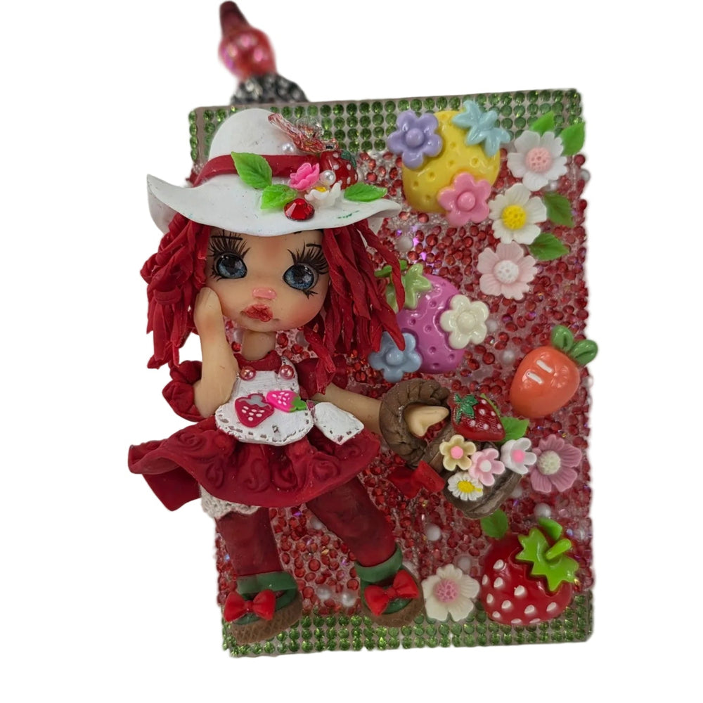 handmade strawberry flex porcelana doll pencil holder decorated with sparkling flower charms and glittery accents