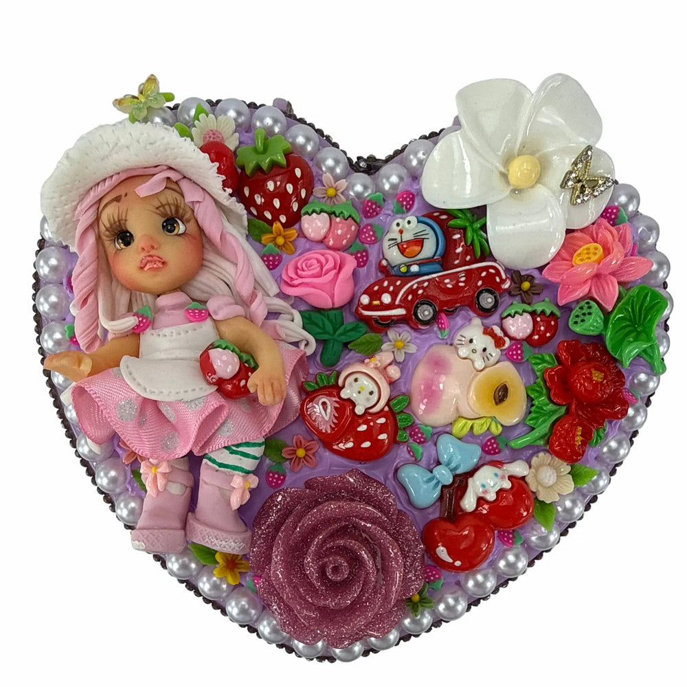 heart-shaped jewelry box handmade with white decoden whipped cream, pink roses, and cute strawberry charms