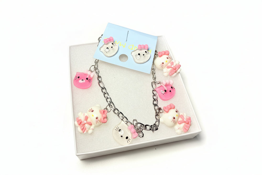 Handmade Silver-Tone Hello Kitty Character Anklet and Earrings Set with Premium White Gift Box and Luxury Black Bag 