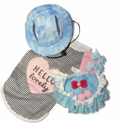hello lovely dog outfit set with striped shirt blue tutu and sun hat