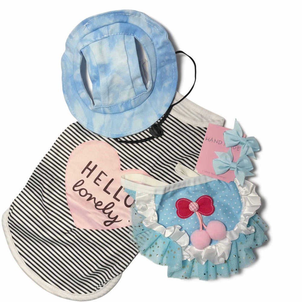 hello lovely dog outfit set with striped shirt blue tutu and sun hat