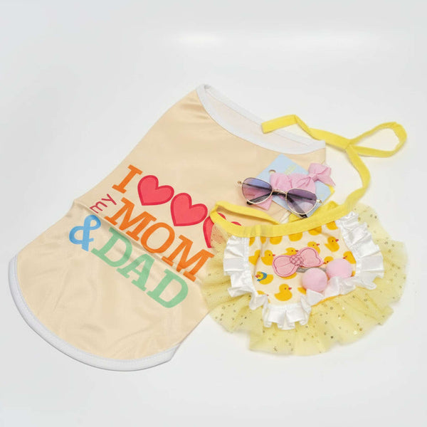 i love mom and dad dog outfit yellow tutu and sunglasses