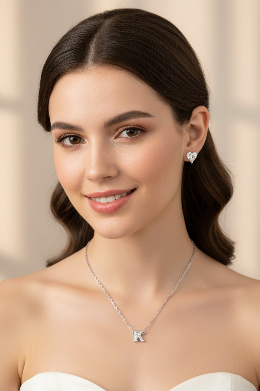 jewelry set inicial k chain, crystal heart shape earrings