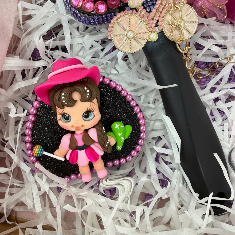 kawaii gift basket contents with porcelain doll hair brush, purse, compact mirror and strawberry lip gloss