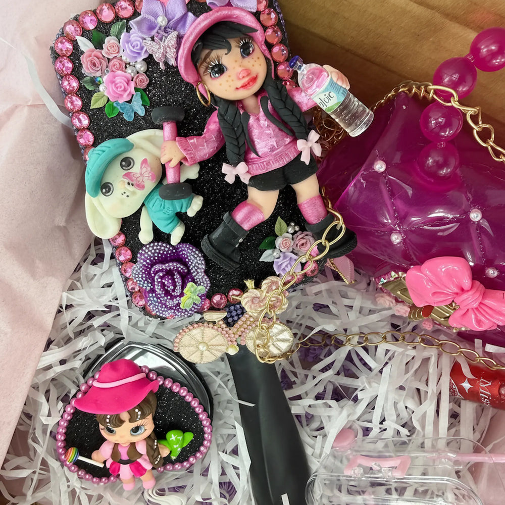 kawaii gift basket for her with decorated porcelain doll hair brush, pink purse, mirror and mini suitcase set