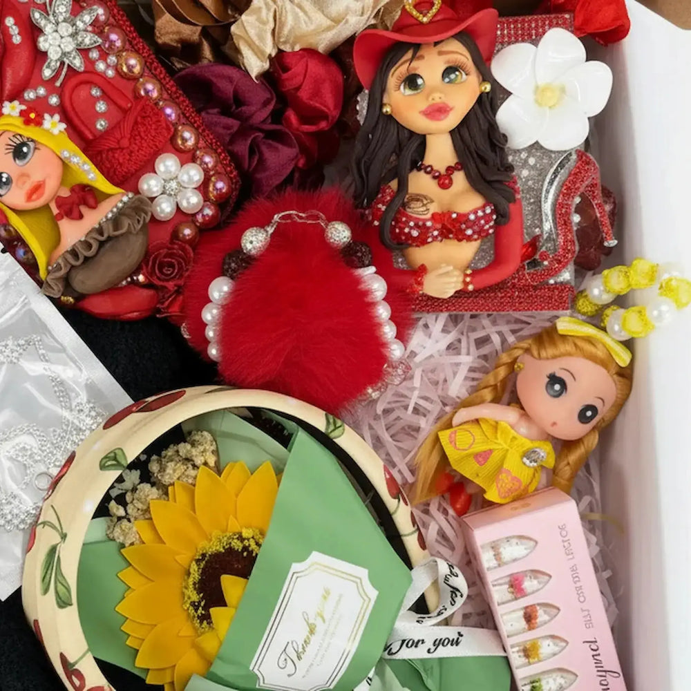 kawaii gift basket with porcelain doll brush and cowgirl holder for women