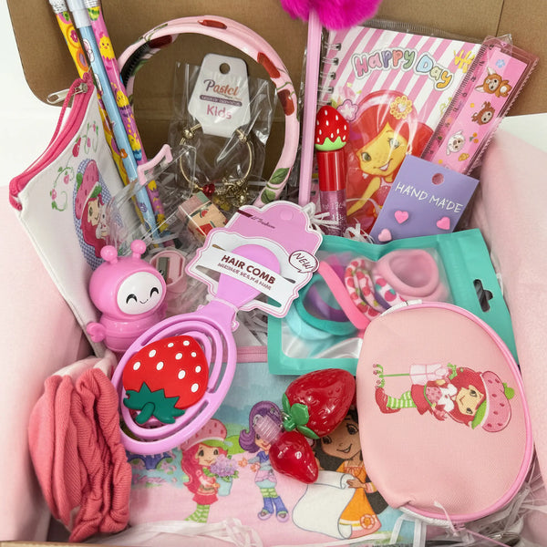 kawaii girl gift set with 22 pieces including stationery, lip gloss, charm bracelet, earrings and hair accessories