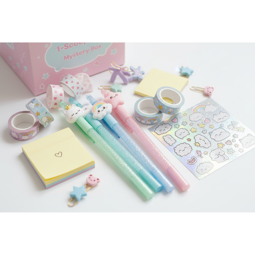 kawaii mystery scoop box 2 scoops flat lay with colorful stationery pens stickers washi tape and notebooks"