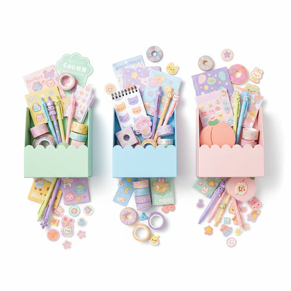 kawaii mystery scoop box 3 scoops flat lay with colorful Japanese stationery pens washi tape stickers and notebooks"