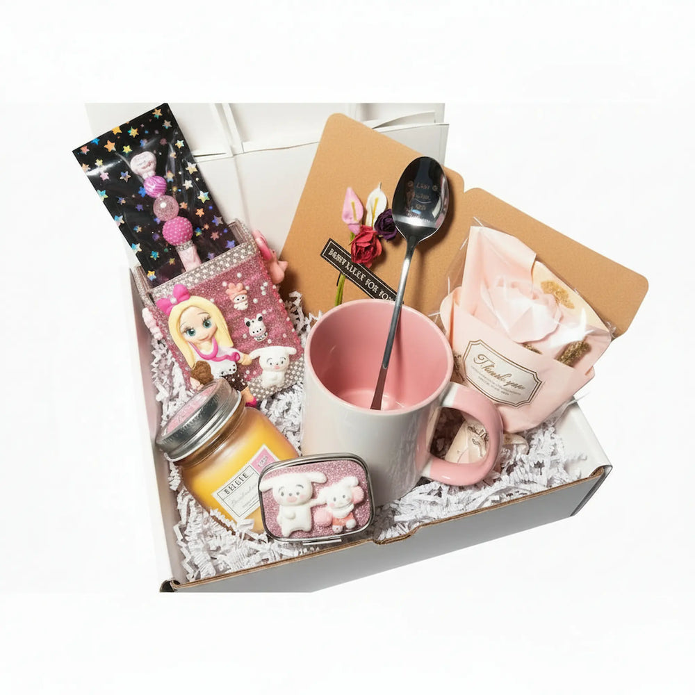 kawaii pink desk gift set for nurses and doctors featuring a handmade clay doll cup holder, rhinestone-decorated desk 