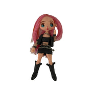kawaii porcelain flatback doll charm with bright pink hair for decoden and diy craft projects