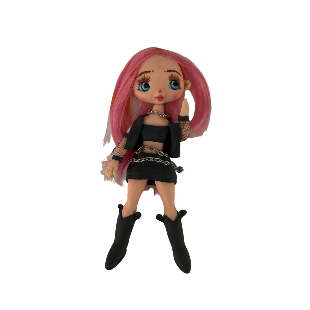 kawaii porcelain flatback doll charm with bright pink hair for decoden and diy craft projects
