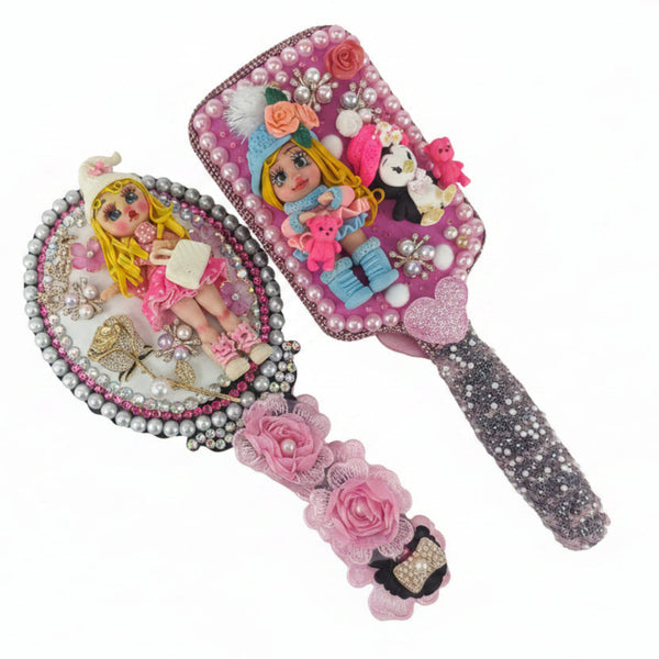 kawaii vanity set with handmade cold porcelain dolls, decorative mirror and hair brush with crystals and pearls
