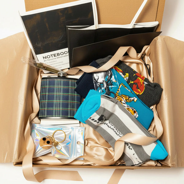 luxury gift box for men with plaid flask, premium socks and executive accessories