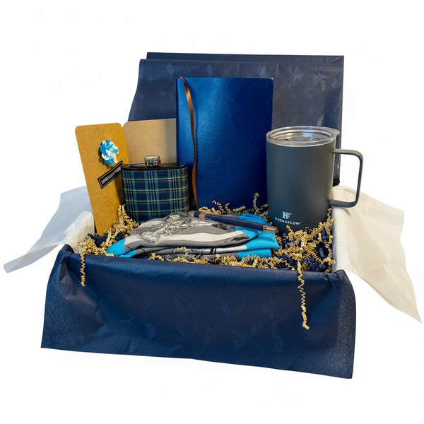 luxury men's gift box with stainless steel tumbler, engraved flask and silver lobster bottle opener