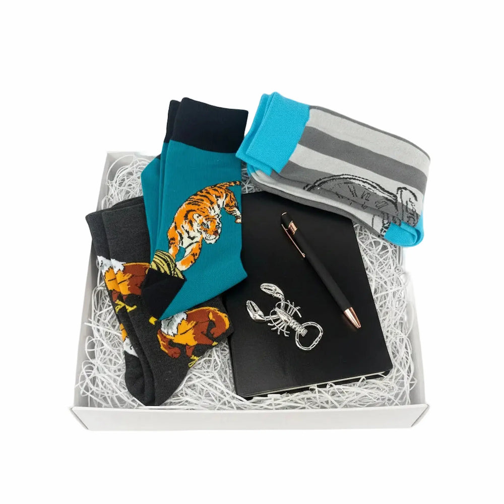 men's novelty socks gift set with silver bottle opener, black notebook and gift bag included