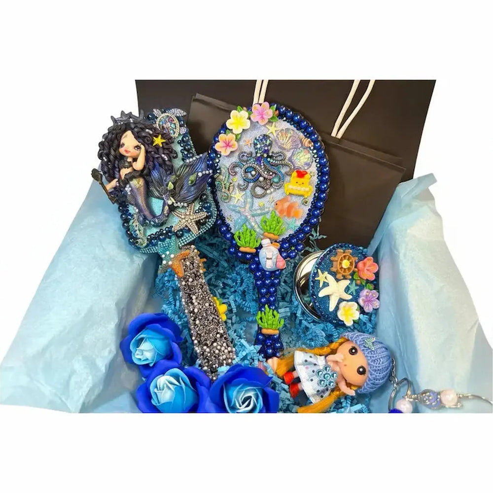 mermaid decoden vanity gift set with decorated mirror hair brush and ocean accessories