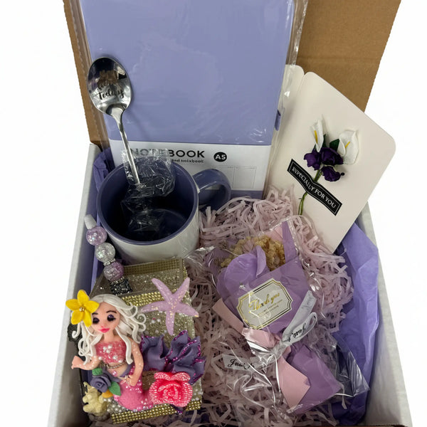 mermaid desk gift box for women with porcelain doll pencil holder, lilac mug, notebook, greeting card and rose soap