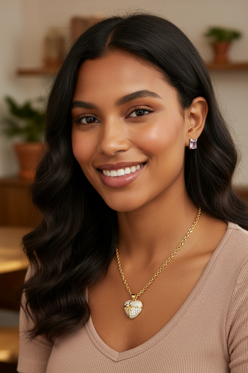 Diverse model wearing the gold-tone crystal heart necklace and matching heart earrings.