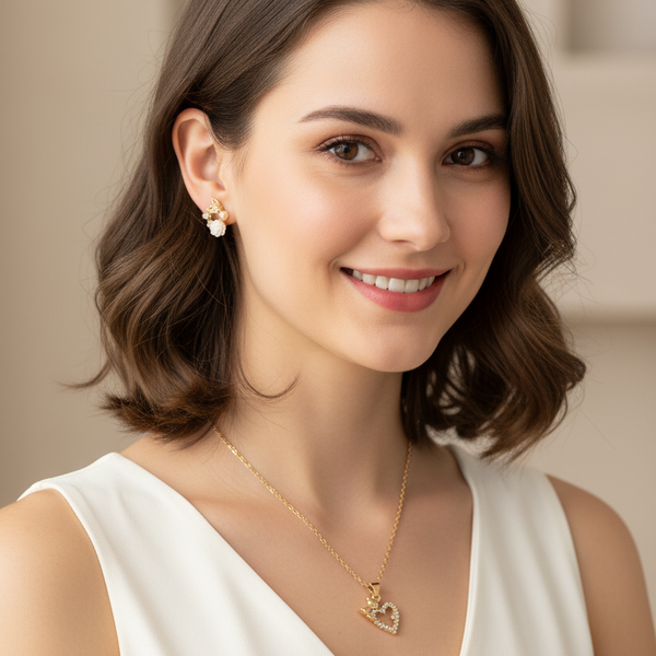 Modelo con collar de corazón dorado y aretes de rosas