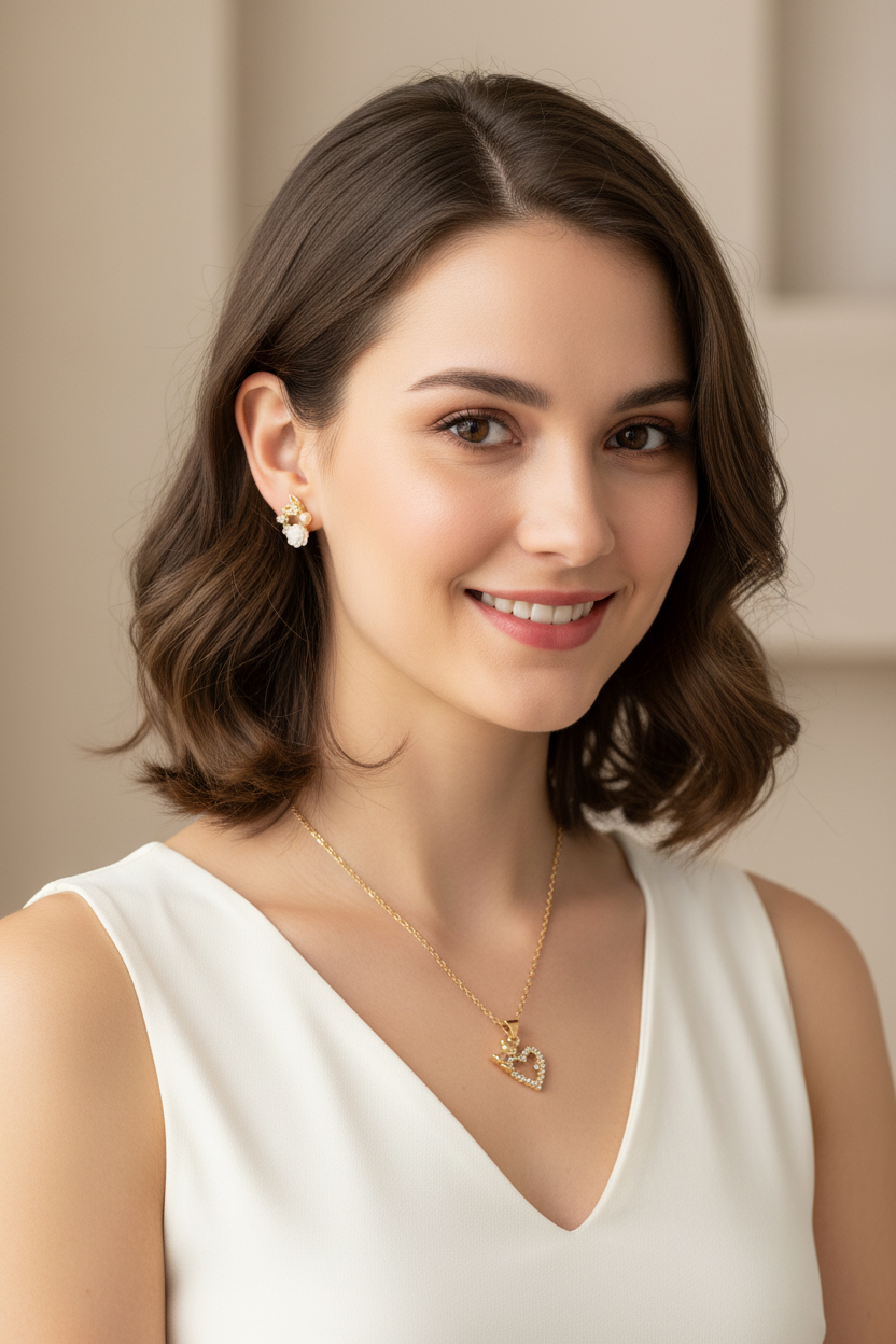 Modelo con collar de corazón dorado y aretes de rosas