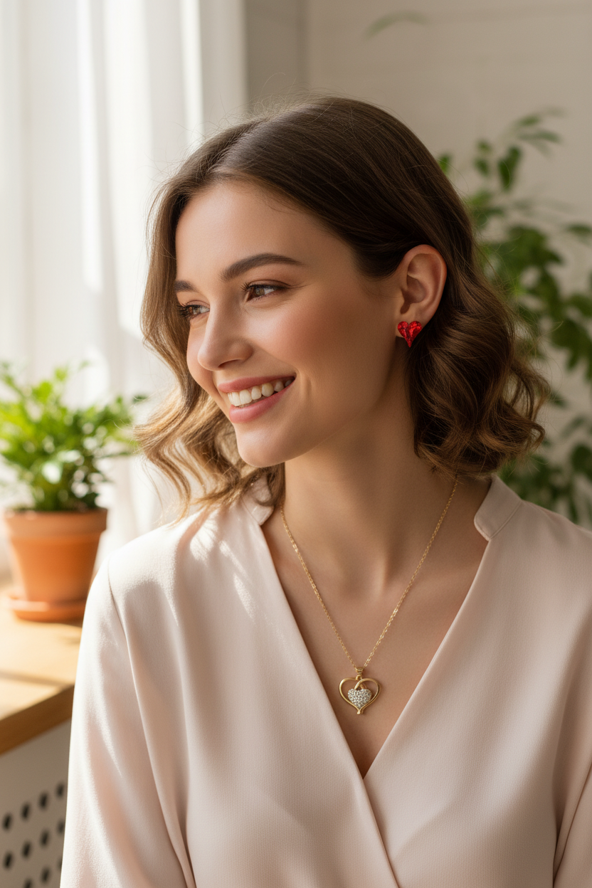 Model wearing a handmade jewelry set featuring a gold-tone heart pendant necklace and matching red crystal earrings.