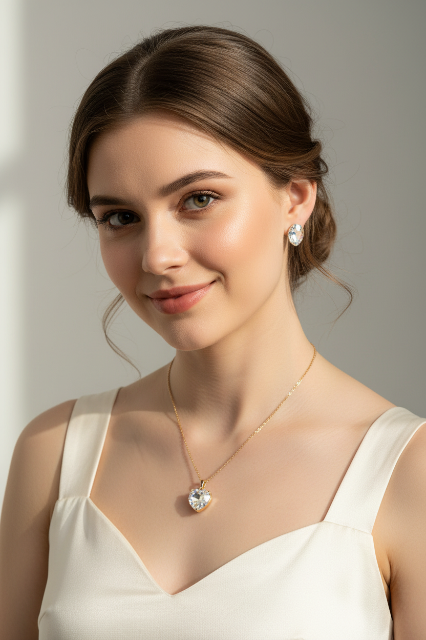 Model wearing the handmade crystal pendant necklace and matching sparkling crystal earrings from the Majestic collection