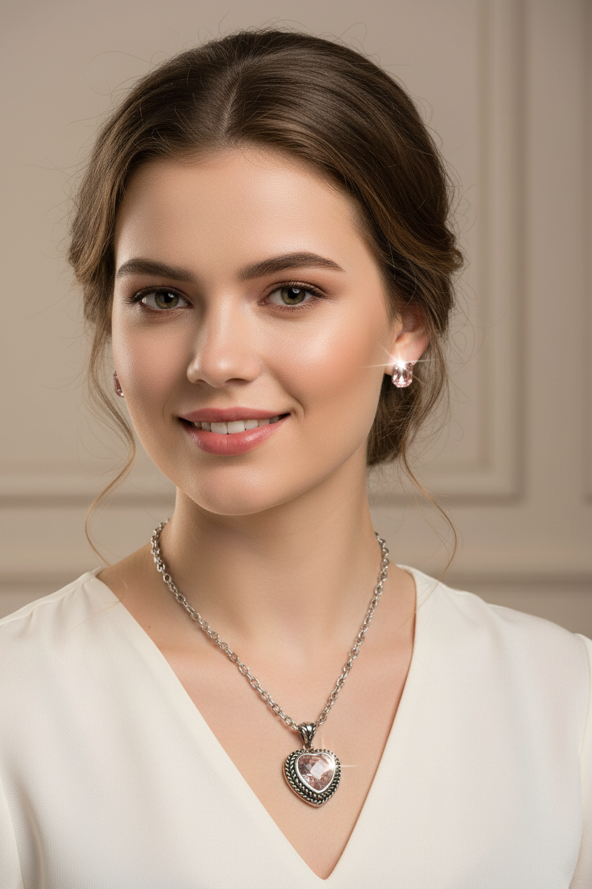 Elegant model wearing a handmade crystal necklace and matching sparkling crystal earrings