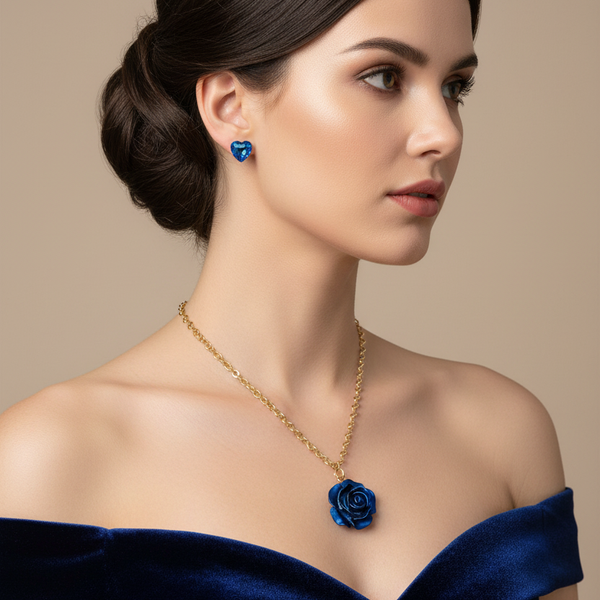 Modelo con Gold-Tone Rose Necklace & Blue Crystal Earring Set